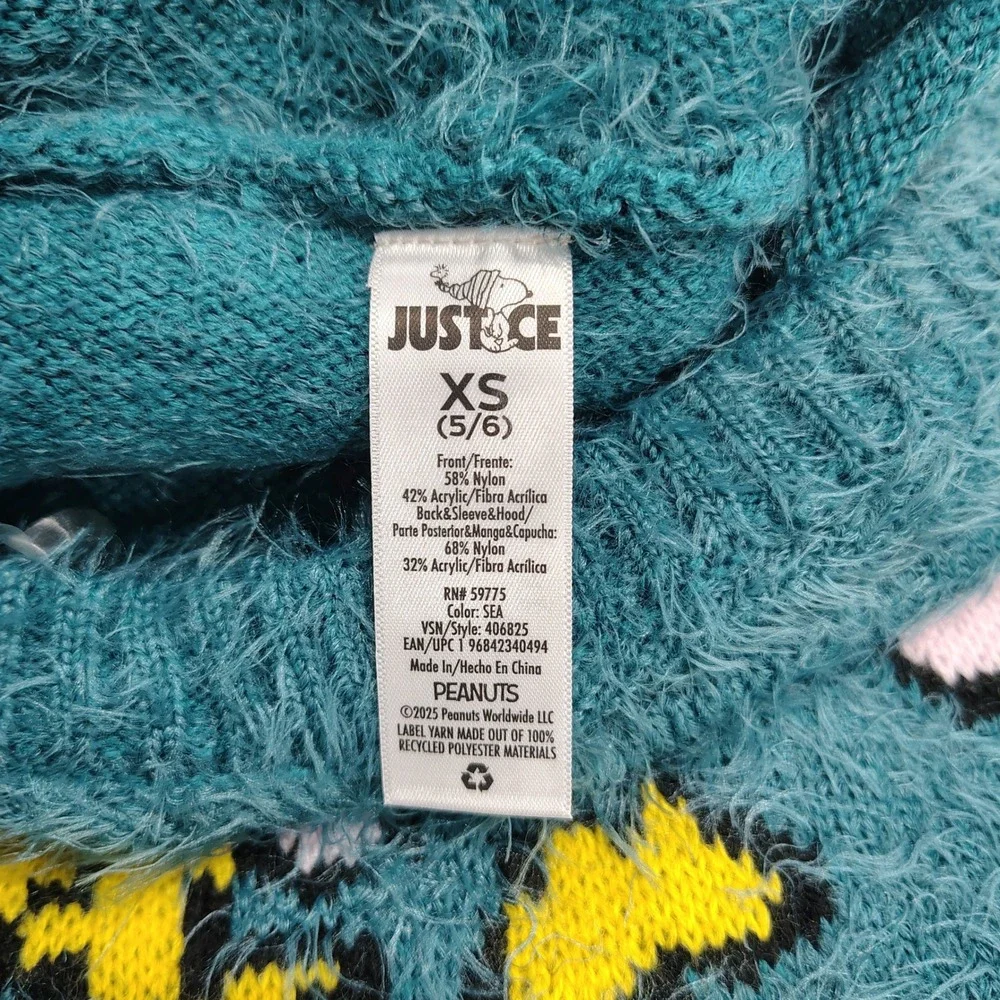 Justice Woodstock Peanuts Hoodie Sweater Girls XS 5/6 Sea Blue Fuzzy Holiday